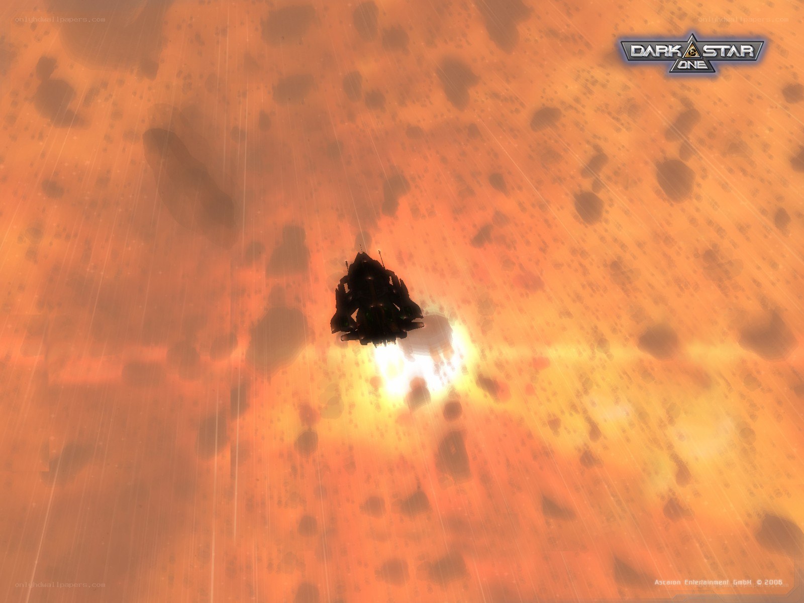 spaceship in asteroid field