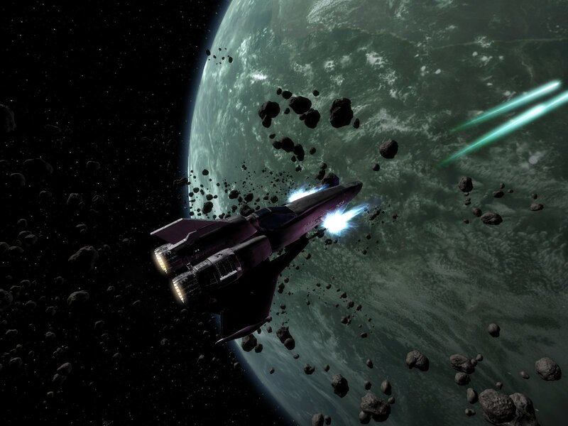 spaceship in asteroid field