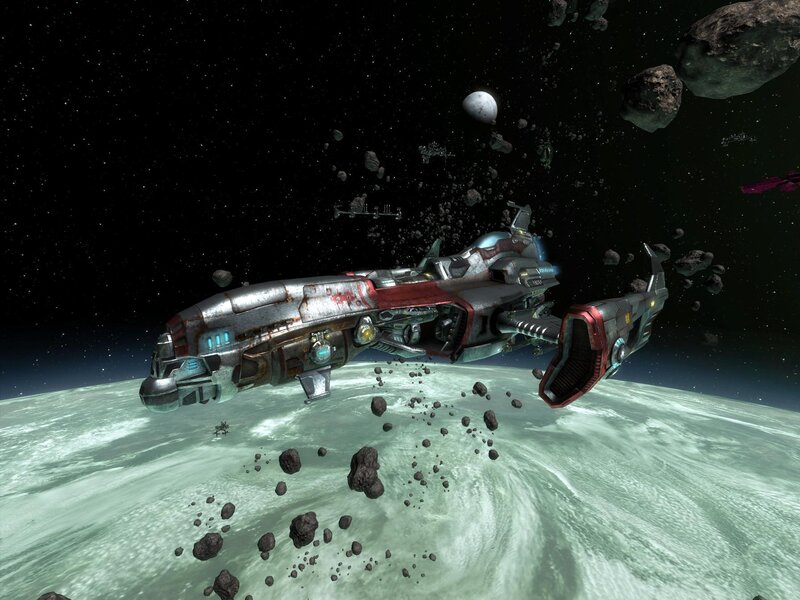 spaceship in asteroid field