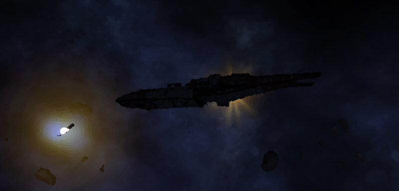 spaceship in asteroid field