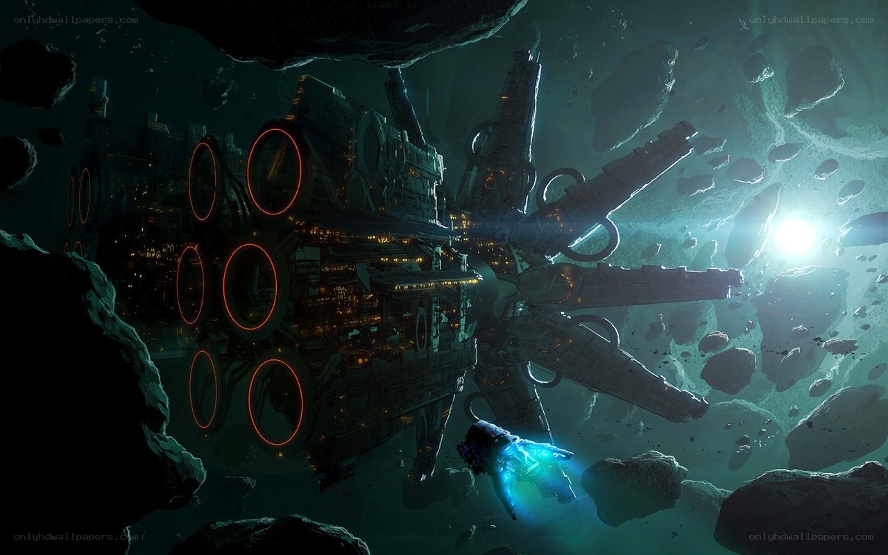 spaceship in asteroid field
