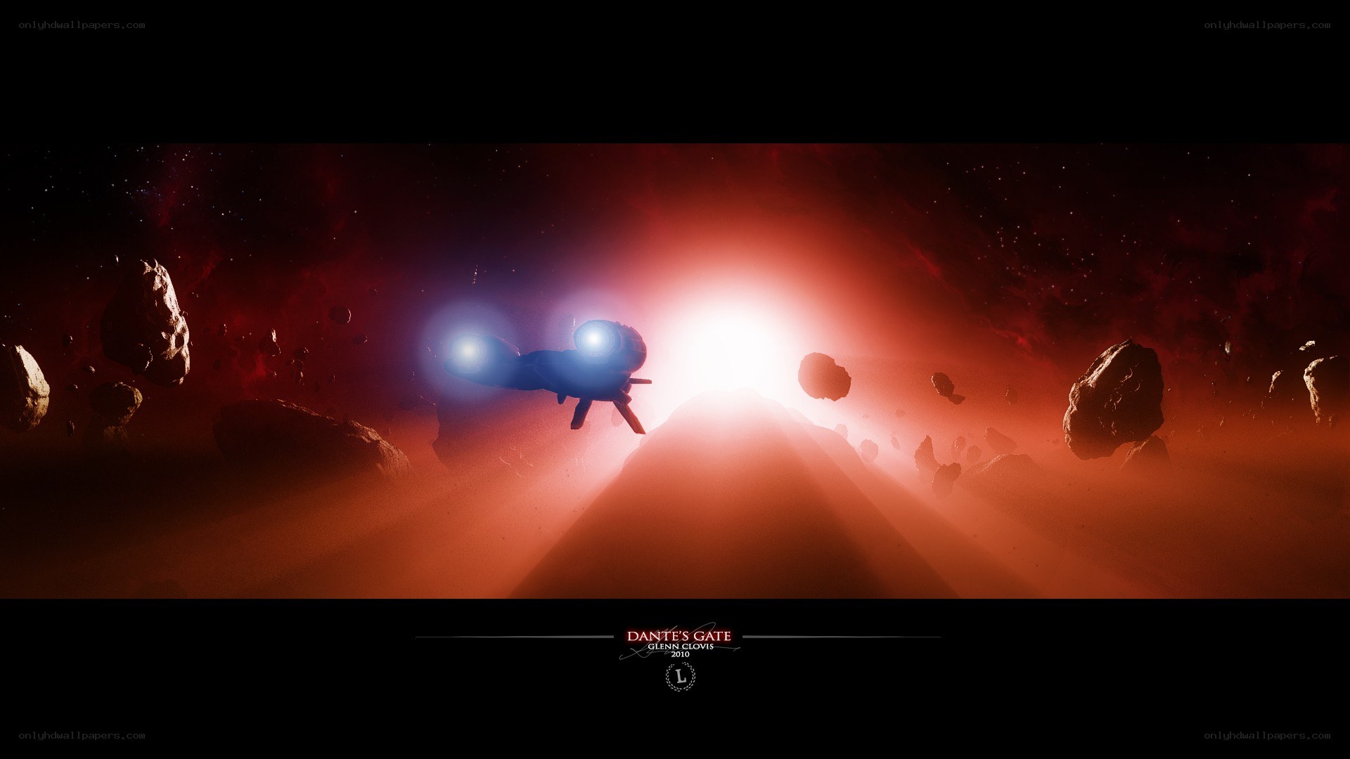 spaceship in asteroid field