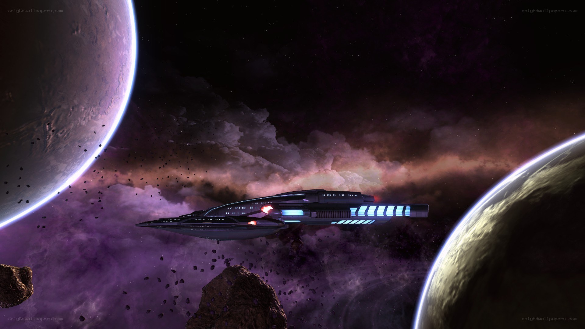 spaceship in asteroid field