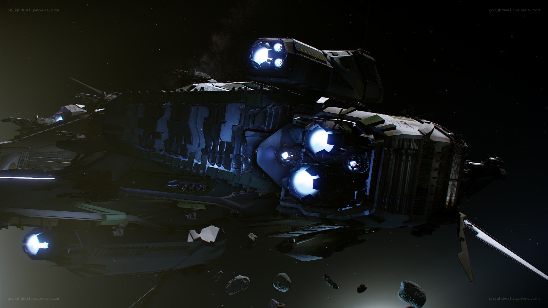 spaceship in asteroid field