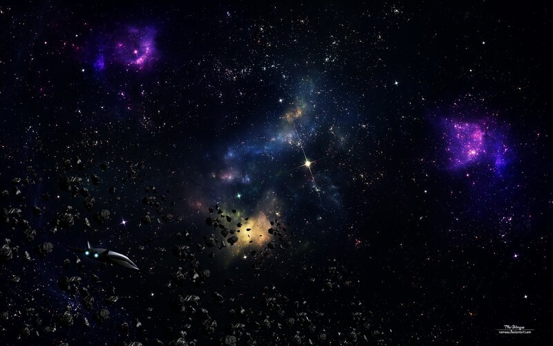 spaceship in asteroid field