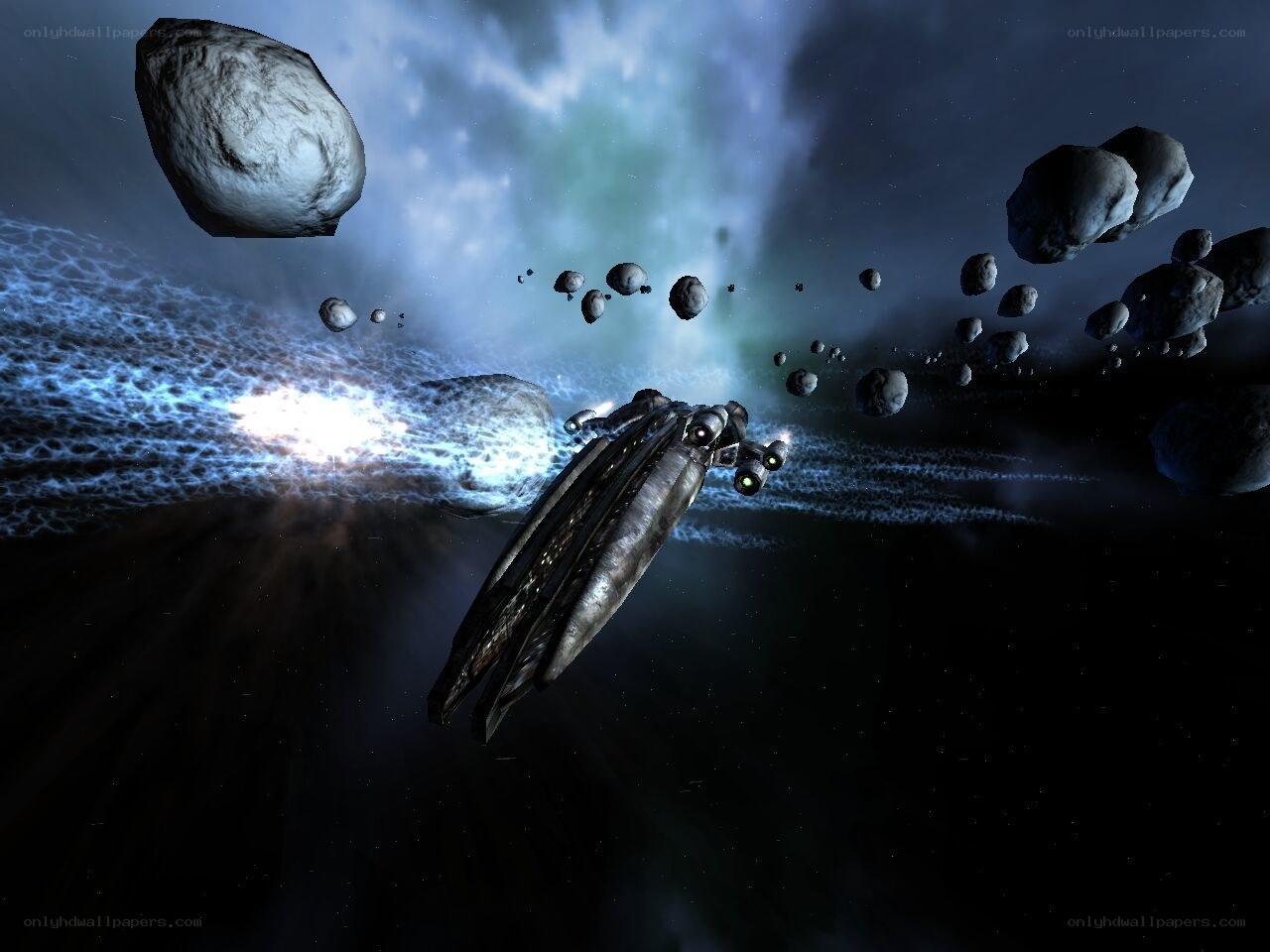 spaceship in asteroid field
