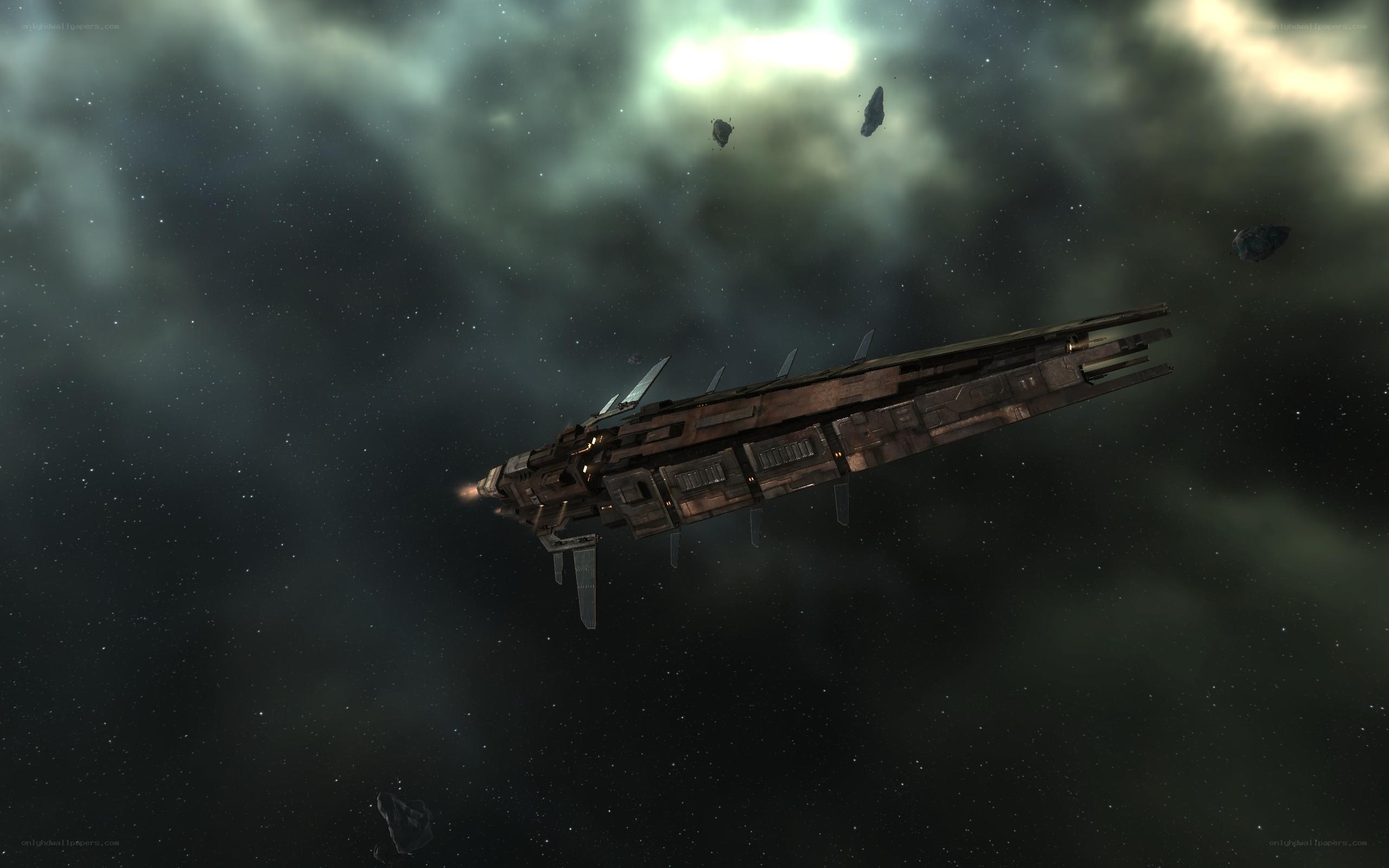 spaceship in asteroid field