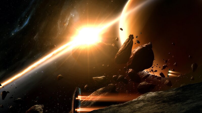 Spaceship in Asteroid Field — Black, Dramatic, Digital Art, Asteroids, Star