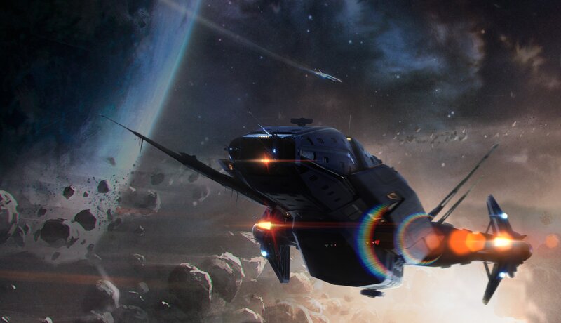 Spaceship in Asteroid Field — Black, Dramatic, Digital Art, Asteroids