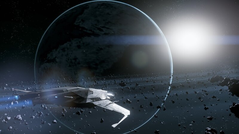 Spaceship in Asteroid Field — Black, Dramatic, Digital Art, Planet