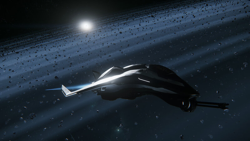 Spaceship in Asteroid Field — Black, Dramatic, Night, 3d Render, Asteroids