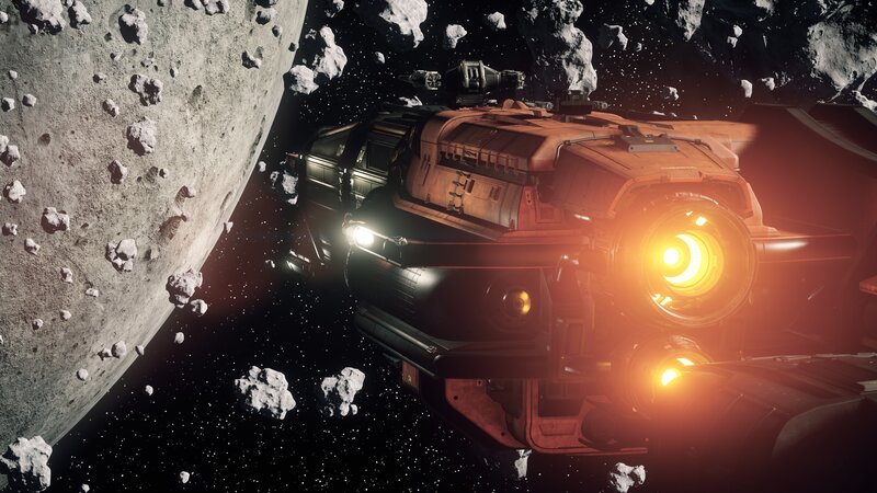 Spaceship in Asteroid Field — Black, Dramatic, Night, 3d Render, Spacecraft