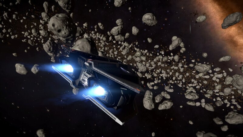 Spaceship in Asteroid Field — Black, Dramatic, Night, 3d Render