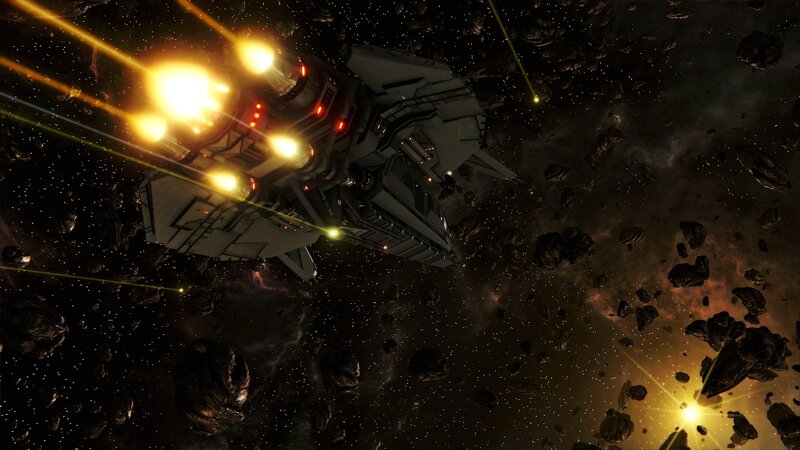 Spaceship in Asteroid Field — Black, Dramatic, Night, Digital Art, Asteroids, Lasers
