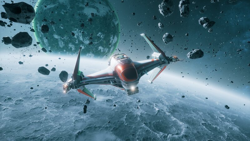 Spaceship in Asteroid Field — Blue, Dramatic, 3d Render