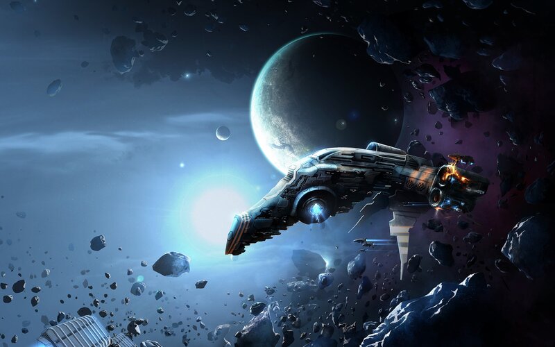 Spaceship in Asteroid Field — Blue, Dramatic, Digital Art, Asteroids, Planet, Sun, Black, White