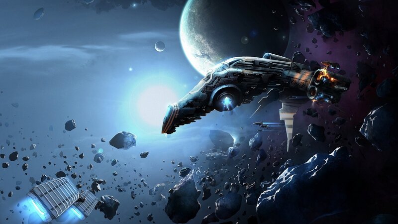 Spaceship in Asteroid Field — Blue, Dramatic, Digital Art, Asteroids, Planet, Sun