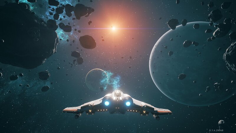 Spaceship in Asteroid Field — Blue, Dramatic, Digital Art, Asteroids, Planets
