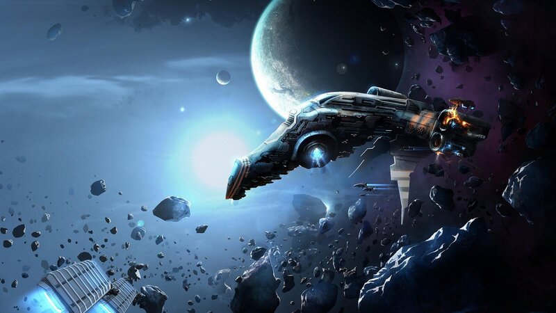 Spaceship in Asteroid Field — Blue, Dramatic, Digital Art