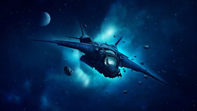 Spaceship in Asteroid Field — Blue, Dramatic, Night, Digital Art, Asteroids, Moon