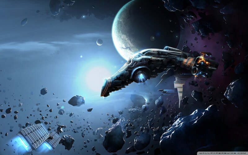 Spaceship in Asteroid Field — Blue, Dramatic, Night, Digital Art, Asteroids