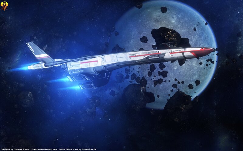 Spaceship in Asteroid Field — Blue, Dramatic, Night, Digital Art, Planet, Asteroids