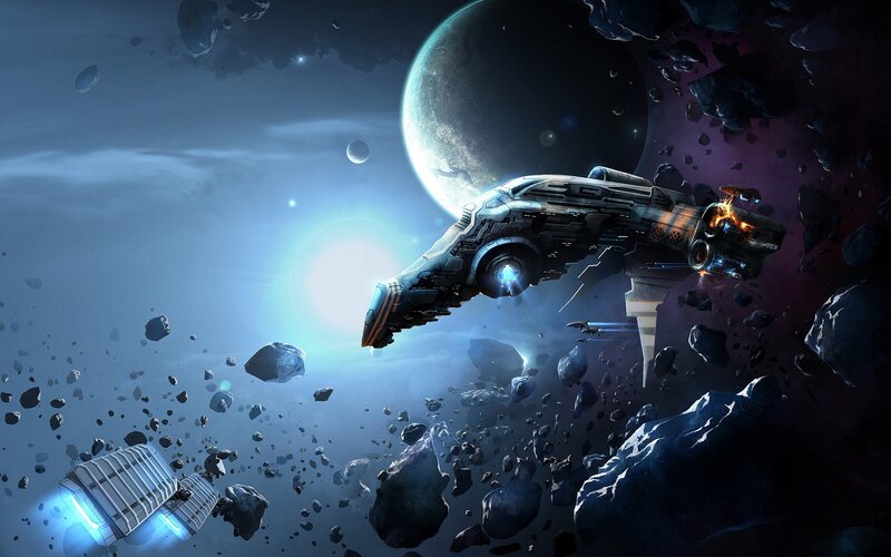 Spaceship in Asteroid Field — Blue, Dramatic, Night, Digital Art