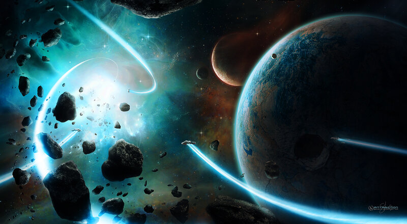 Spaceship in Asteroid Field — Blue
