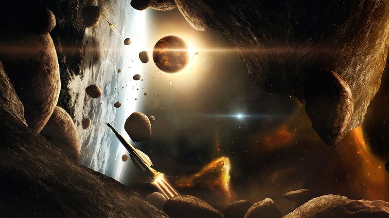 Spaceship in Asteroid Field — Brown, Dramatic, Digital Art, Asteroids, Planet, Sun