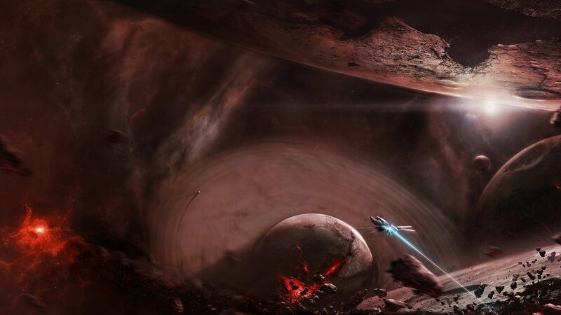 Spaceship in Asteroid Field — Brown, Dramatic, Digital Art, Asteroids, Planets, Spacecraft