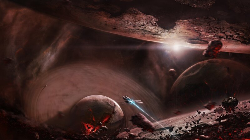 Spaceship in Asteroid Field — Brown, Dramatic, Digital Art, Asteroids, Planets