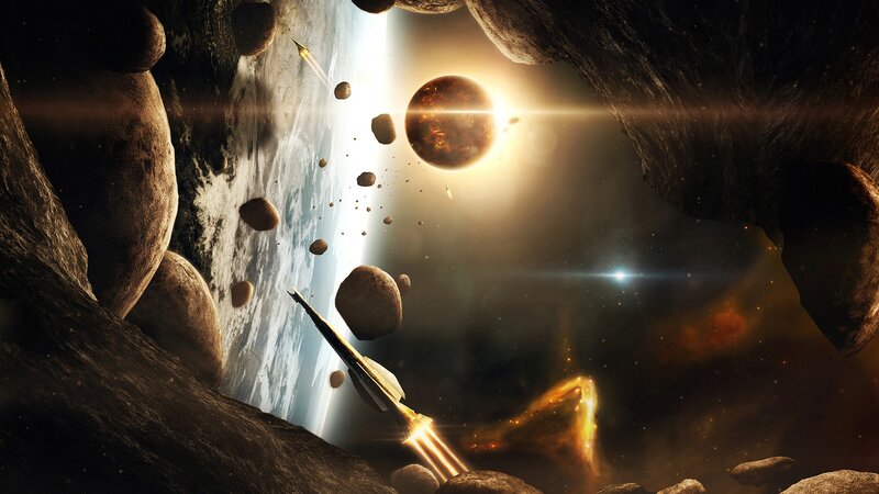 Spaceship in Asteroid Field — Brown, Dramatic, Digital Art, Asteroids
