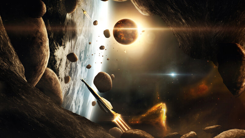 Spaceship in Asteroid Field — Brown, Dramatic, Digital Art, Planet