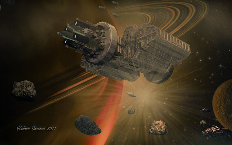 Spaceship in Asteroid Field — Brown, Dramatic, Digital Art