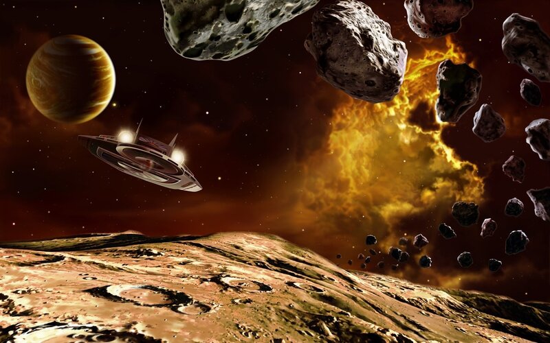 Spaceship in Asteroid Field — Brown, Dramatic, Night, Digital Art