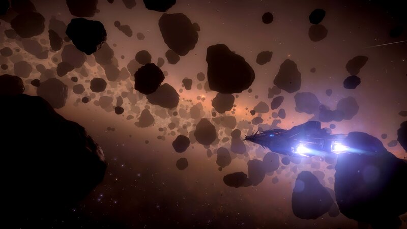 Spaceship in Asteroid Field — Brown, Dramatic, Night