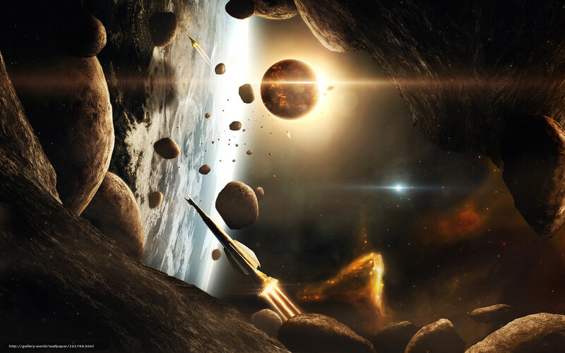 Spaceship in Asteroid Field — Brown, Dramatic