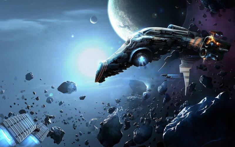 Spaceship in Asteroid Field — Dramatic