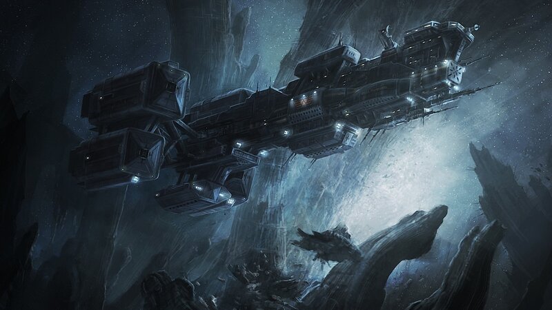 Spaceship in Asteroid Field — Gray, Dramatic, Night