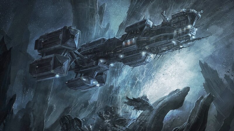 Spaceship in Asteroid Field — Gray, Dramatic