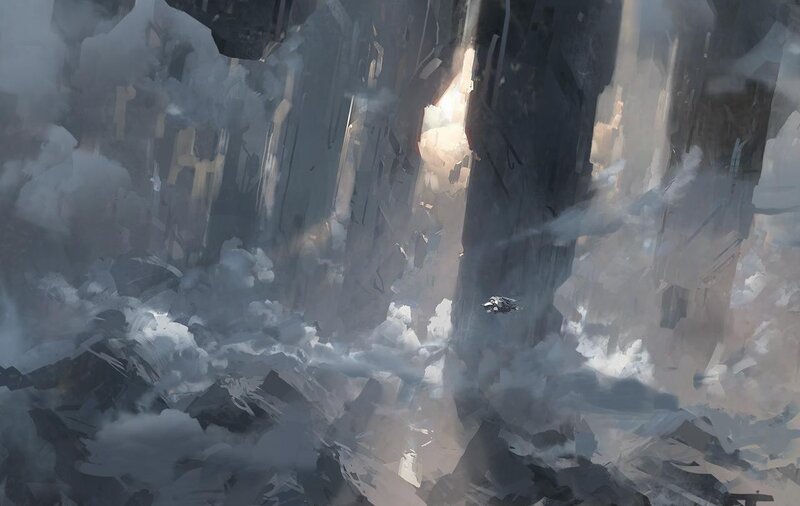 Spaceship in Asteroid Field — Gray
