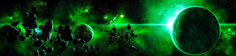 Spaceship in Asteroid Field — Green, Dramatic, Digital Art
