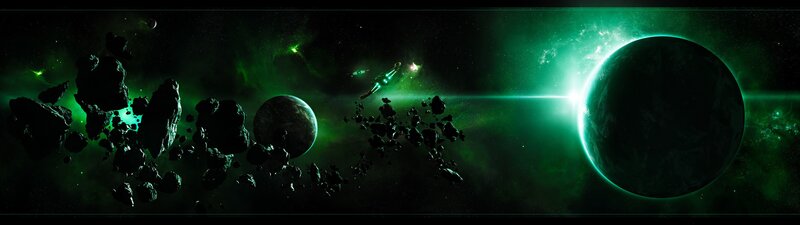 Spaceship in Asteroid Field — Green, Dramatic, Night, Digital Art