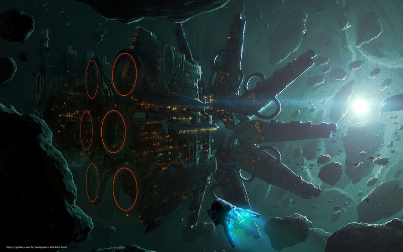 Spaceship in Asteroid Field — Green, Dramatic, Night