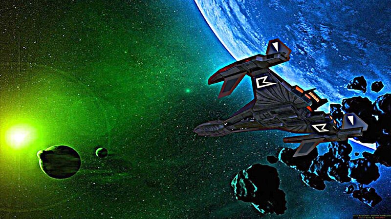 Spaceship in Asteroid Field — Green, Dramatic