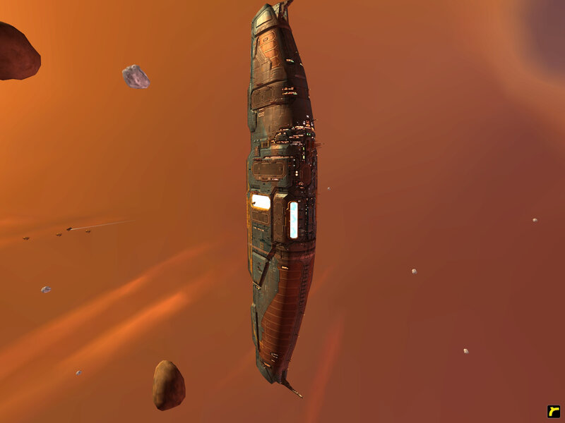 Spaceship in Asteroid Field — Orange, Dramatic, 3d Render