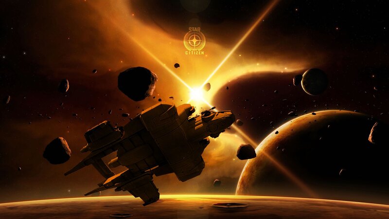 Spaceship in Asteroid Field — Orange, Dramatic, Digital Art, Asteroids, Planets