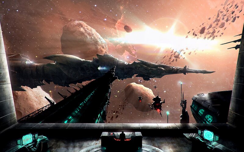 Spaceship in Asteroid Field — Orange, Dramatic, Digital Art, Asteroids, Spacecraft