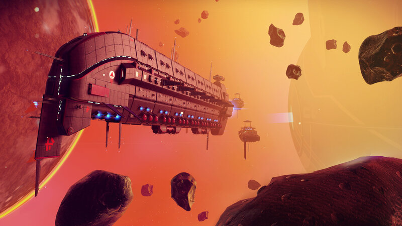 Spaceship in Asteroid Field — Orange, Dramatic, Sunset