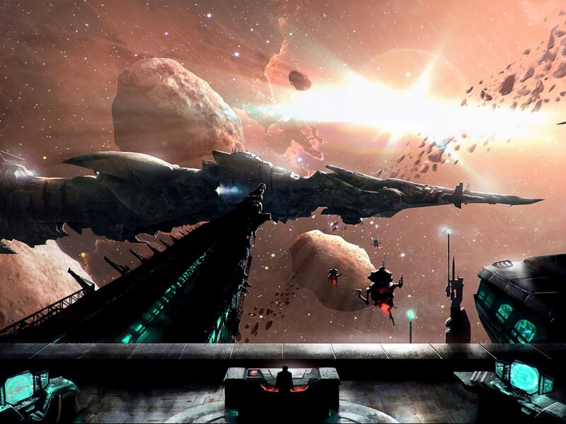 Spaceship in Asteroid Field — Orange, Dramatic
